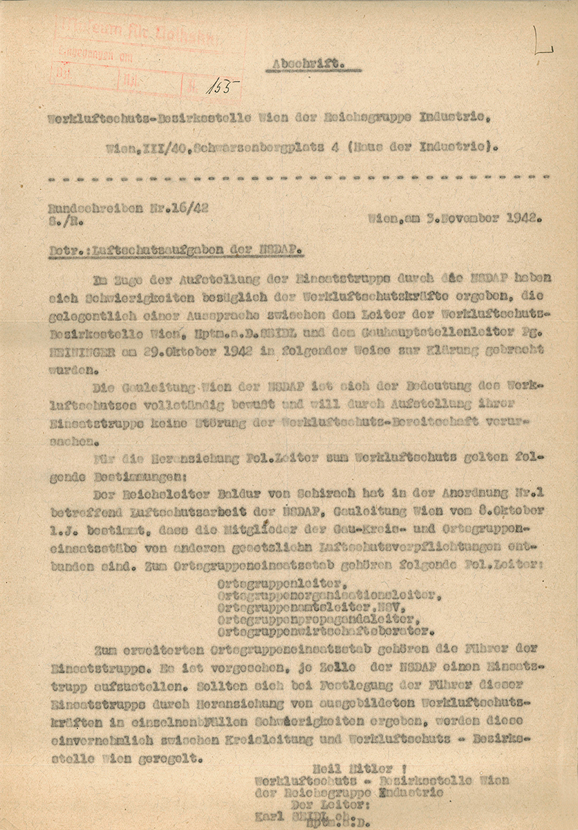 Abbildung 7: Abschrift „Luftschutzaufgaben der NSDAP“, 1942; Archivkarton Luftschutz, Museumsarchiv © Volkskundemuseum Wien