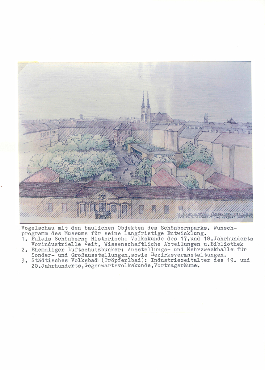 Abbildung 10:Auf DIN-A4-Papier aufgeklebtes Foto von kolorierter Entwurfsvariante zum Umbau des Luftschutzbunkers, 1985; Archivordner „Ausstellungshalle Bunker 1982–1987“, Museumsarchiv © Volkskundemuseum Wien