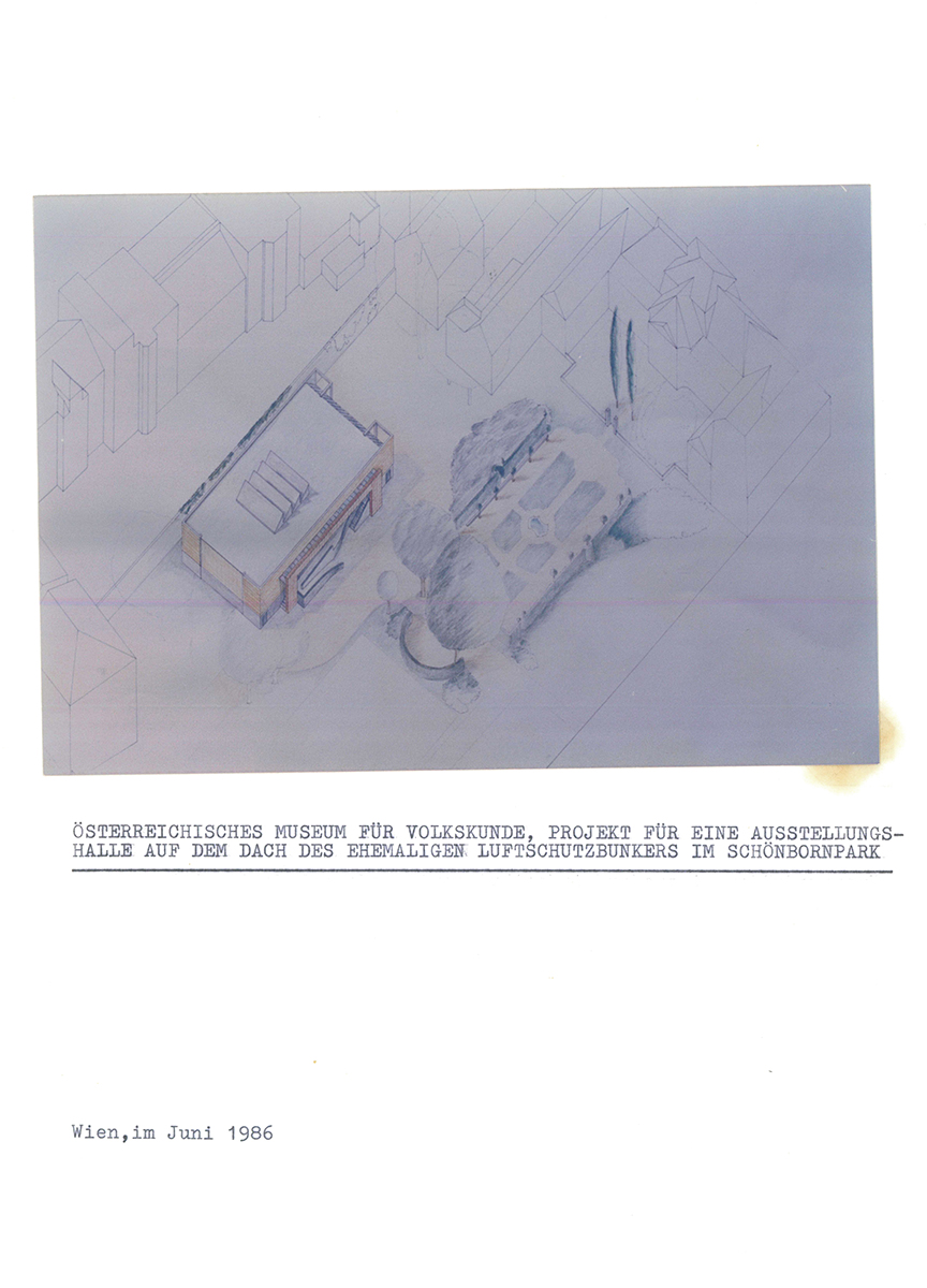 Abbildung 1: Auf DIN-A4-Papier aufgeklebtes Foto des kolorierten Plans zum Umbau des Luftschutzbunkers Schönbornpark, 1986; Archivordner „Ausstellungshalle Bunker 1982–1987“, Museumsarchiv © Volkskundemuseum Wien