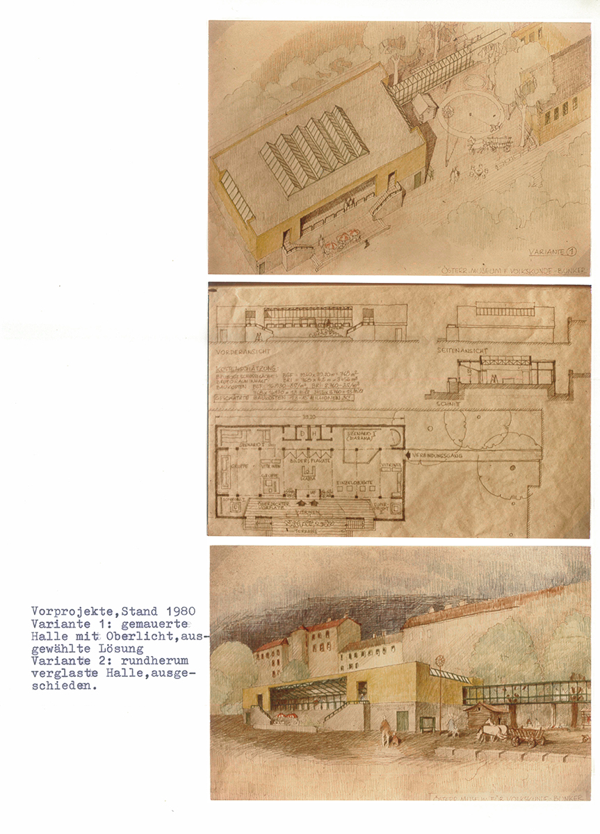 Abbildung 2: Drei auf DIN-A4-Papier aufgeklebte Fotos von Vorentwürfen zum Umbau des Luftschutzbunkers, 1980; Archivordner „Ausstellungshalle Bunker 1982–1987“, Museumsarchiv © Volkskundemuseum Wien
