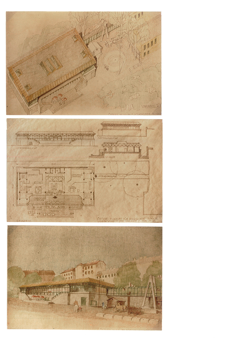 Abbildung 3:Drei auf DIN-A4-Papier aufgeklebte Fotos von Vorentwürfen zum Umbau des Luftschutzbunkers, 1980; Archivordner „Ausstellungshalle Bunker 1982–1987“, Museumsarchiv © Volkskundemuseum Wien