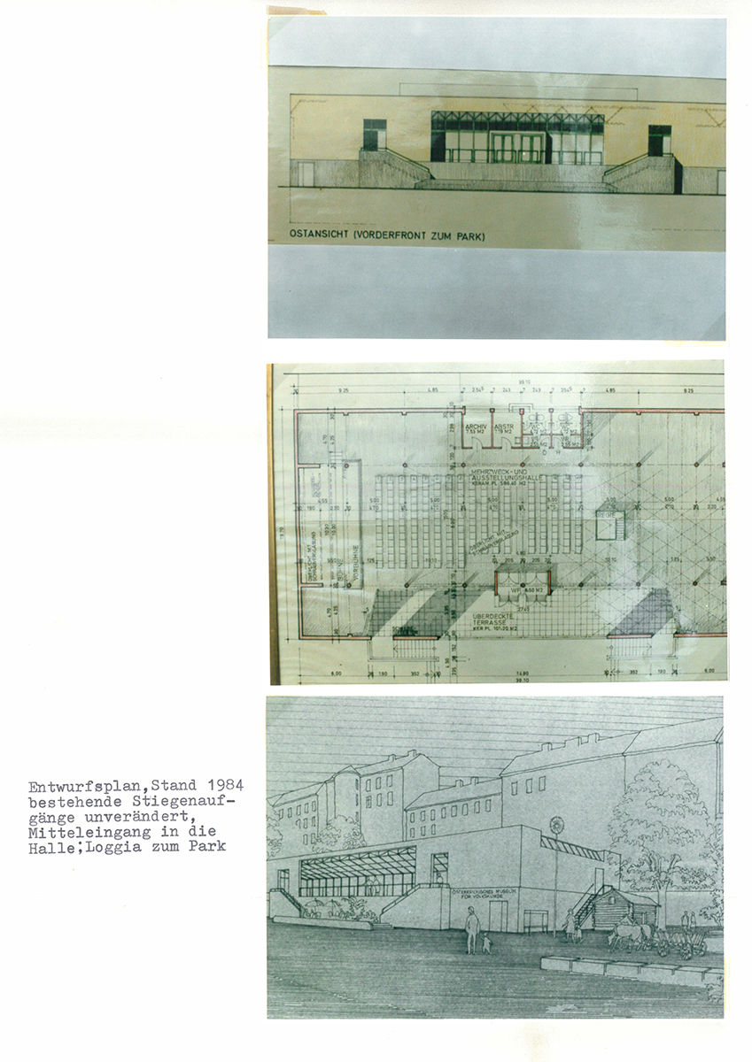Abbildung 4:Drei auf DIN-A4-Papier aufgeklebte Fotos von Vorentwürfen zum Umbau des Luftschutzbunkers, 1984; Archivordner „Ausstellungshalle Bunker 1982–1987“, Museumsarchiv © Volkskundemuseum Wien