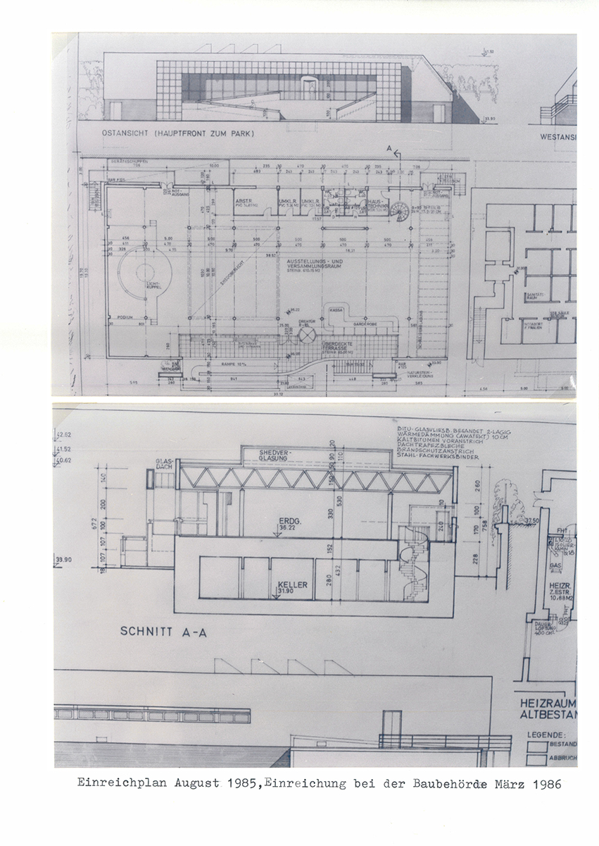 Abbildung 5: Drei auf DIN-A4-Papier aufgeklebte Fotos von Ausschnitten aus dem Einreichplan zum Umbau des Luftschutzbunkers, 1985; Archivordner „Ausstellungshalle Bunker 1982–1987“, Museumsarchiv © Volkskundemuseum Wien