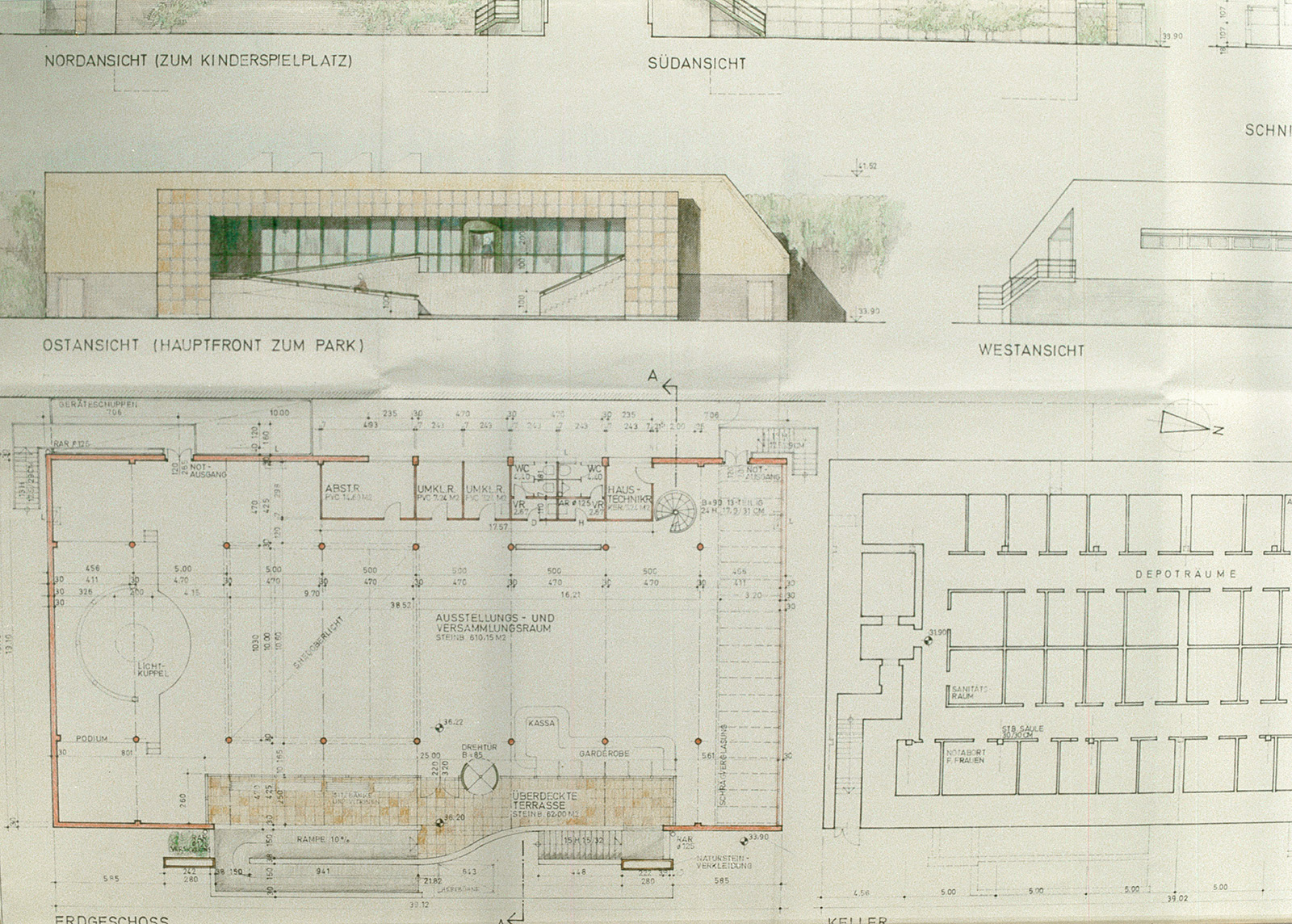 Abbildung 6:Foto eines Ausschnitts des kolorierten Einreichplans zum Umbau des Luftschutzbunkers, 1985; Archivordner „Ausstellungshalle Bunker 1982–1987“, Museumsarchiv © Volkskundemuseum Wien