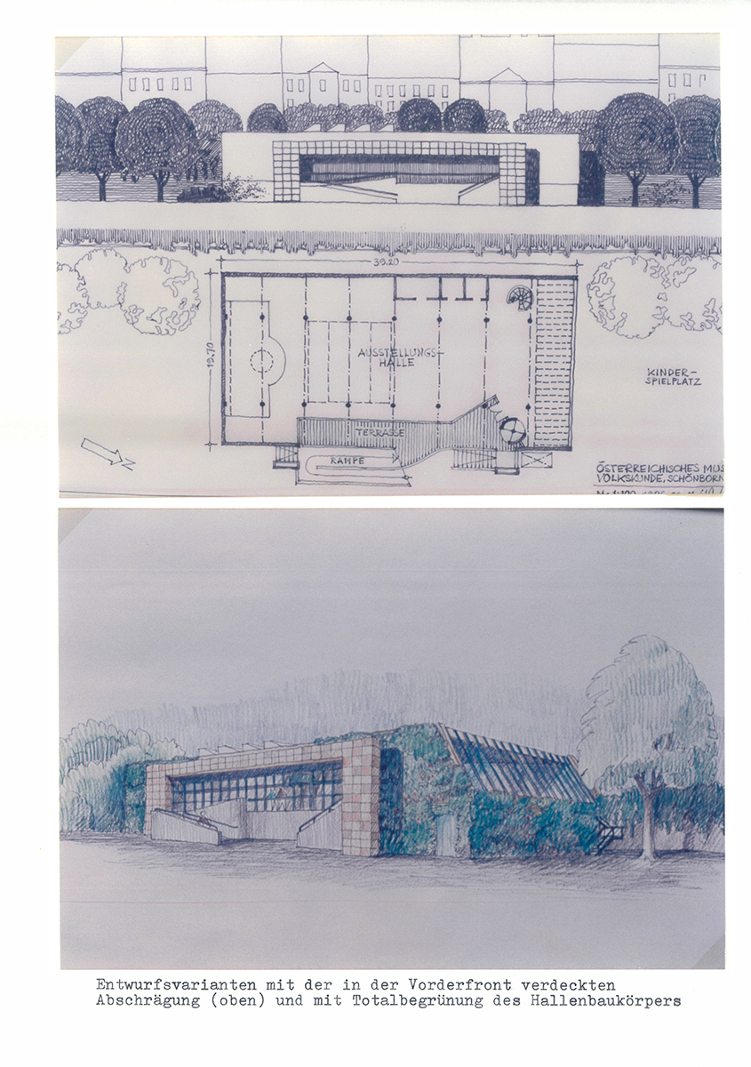 Abbildung 8:Zwei auf DIN-A4-Papier aufgeklebte Fotos der Entwurfsvariante zum Umbau des Luftschutzbunkers, 1985; Archivordner „Ausstellungshalle Bunker 1982–1987“, Museumsarchiv © Volkskundemuseum Wien