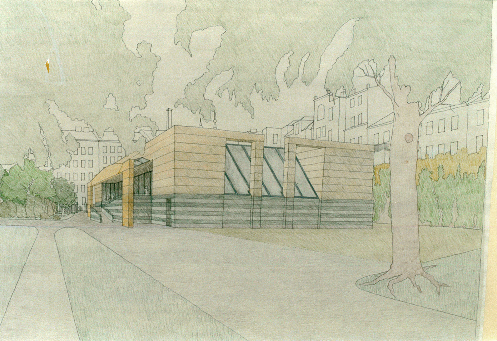 Abbildung 9:Foto von kolorierter Entwurfsvariante zum Umbau des Luftschutzbunkers, 1985; Archivordner „Ausstellungshalle Bunker 1982–1987“, Museumsarchiv © Volkskundemuseum Wien