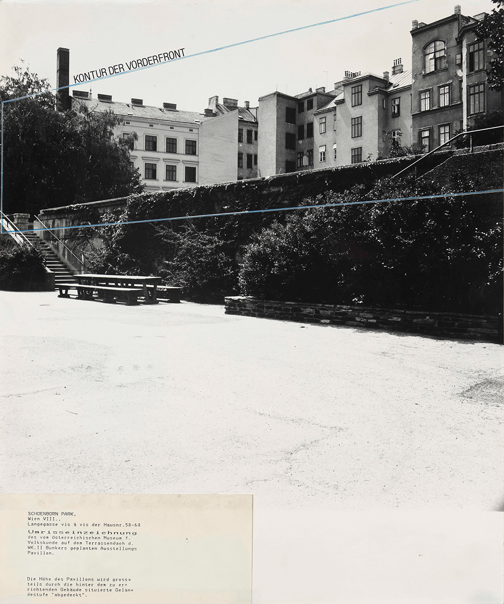 Abbildung 1: Luftschutzbunker Schönbornpark mit Kontur der Vorderfront des Aufbaus, um 1985; pos/68475/001 © Volkskundemuseum Wien